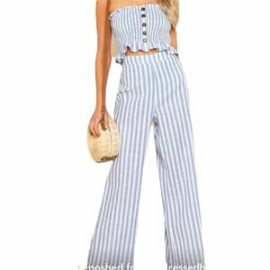 Blue and White Strapless Wide Leg Two Piece Set J15